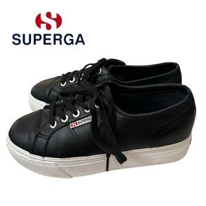 Superga Women's Nappa Black Leather Lace-up Platform Sneakers 7
